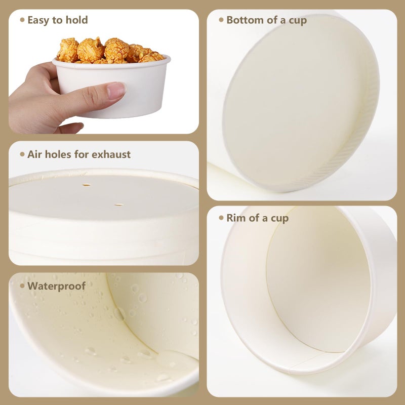 Belinlen 50 SET 5 OZ Disposable White Ice Cream Cups with Lids Medium Hot and Cold To Go Cups Paper Cup Takeout Food Container - Image 3